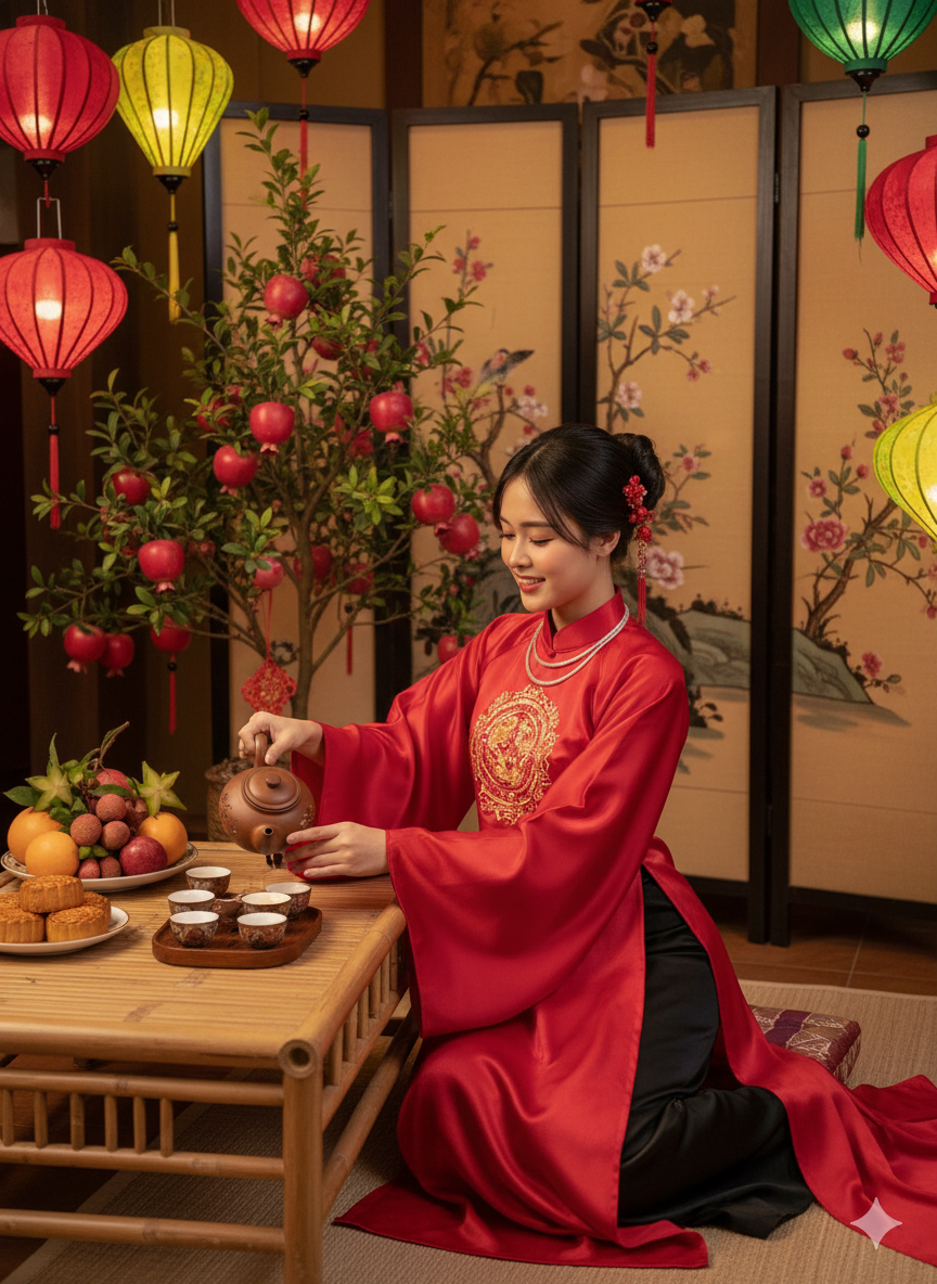 Hình ảnh cô gái ngồi thưởng trà ngày Trung Thu do Gemeni tạo